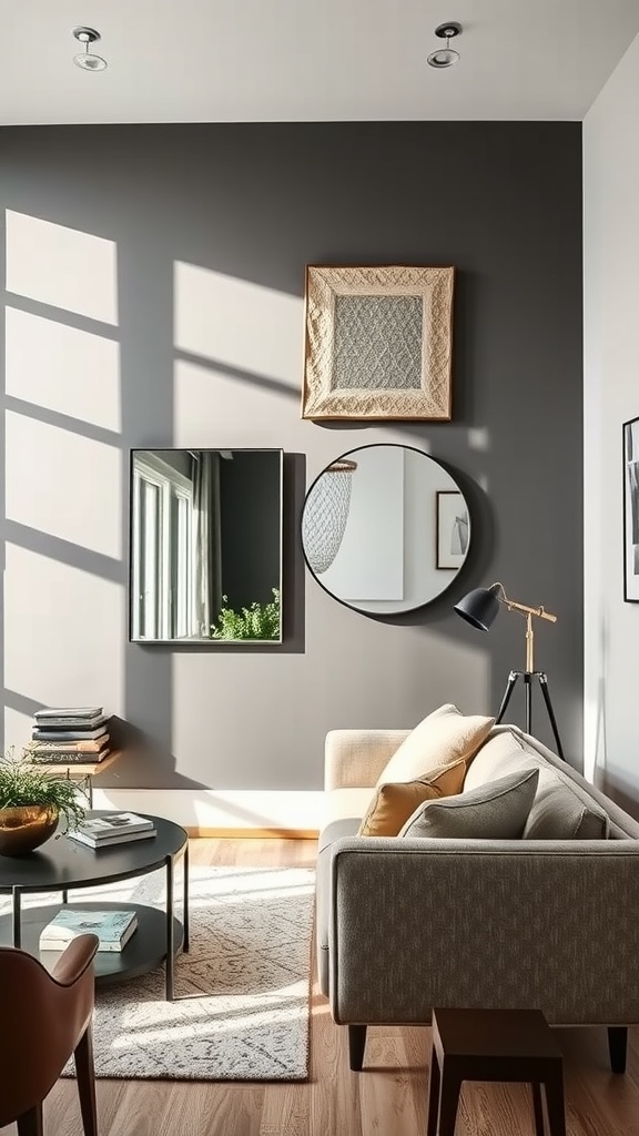 Living room with textured mirrors reflecting light and enhancing depth.