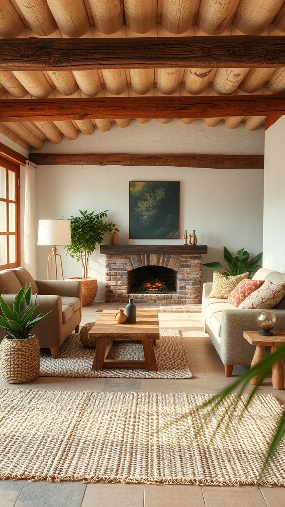 A cozy living room featuring a natural fiber rug, wooden beams, and a fireplace.