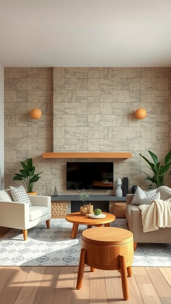 Living room featuring textured natural materials wallpaper, light furniture, and plants