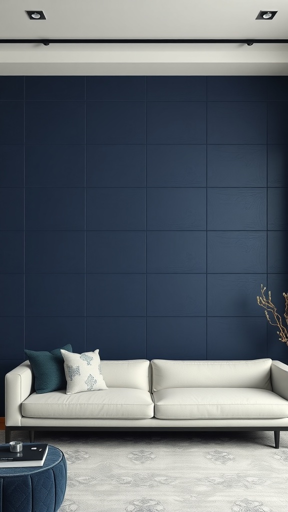 A living room featuring textured navy blue wall panels with a white sofa and decorative pillows.