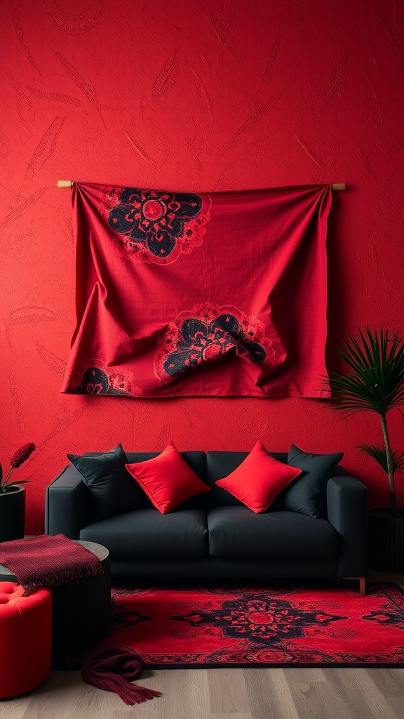 A living room featuring a textured red wall with a decorative black patterned fabric hanging, complemented by a dark sofa and red cushions.