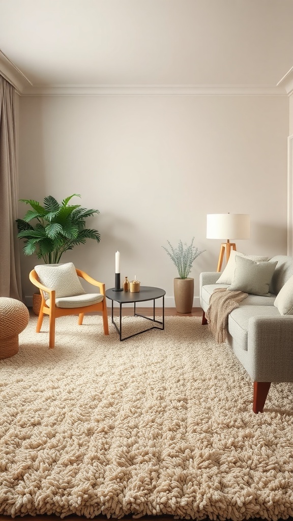 A cozy living room featuring a textured shag rug in beige, accompanied by a modern couch, wooden chairs, and plants.