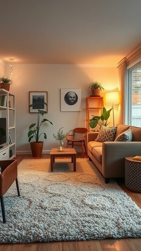 A cozy living room featuring a textured shag rug, comfortable seating, plants, and warm lighting.