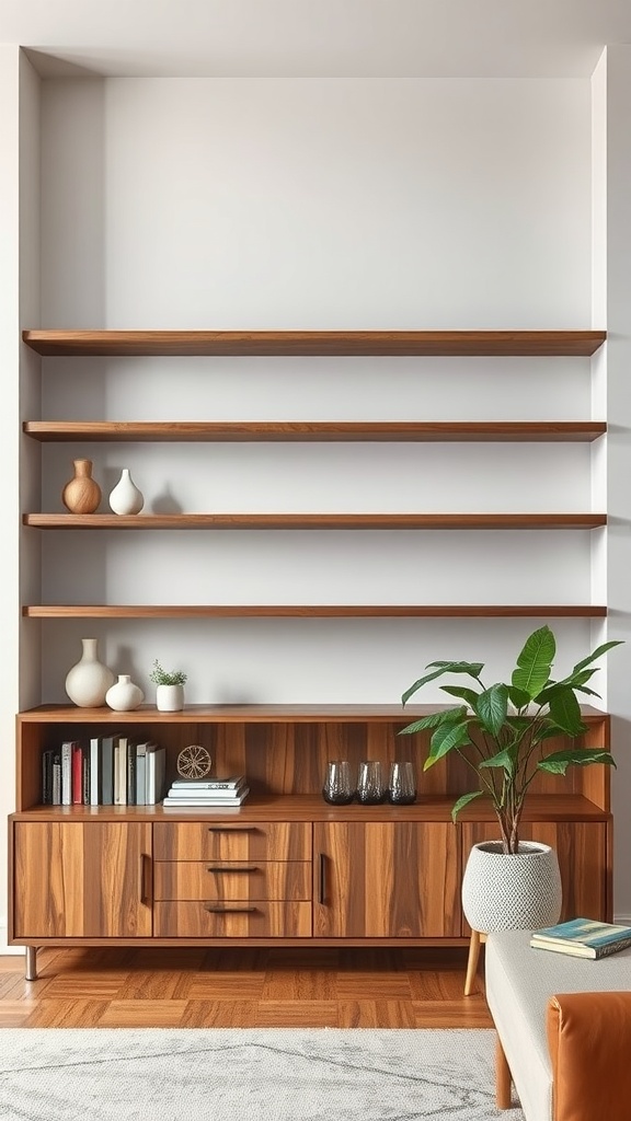 Wooden shelving with decorative items in a modern living room setting