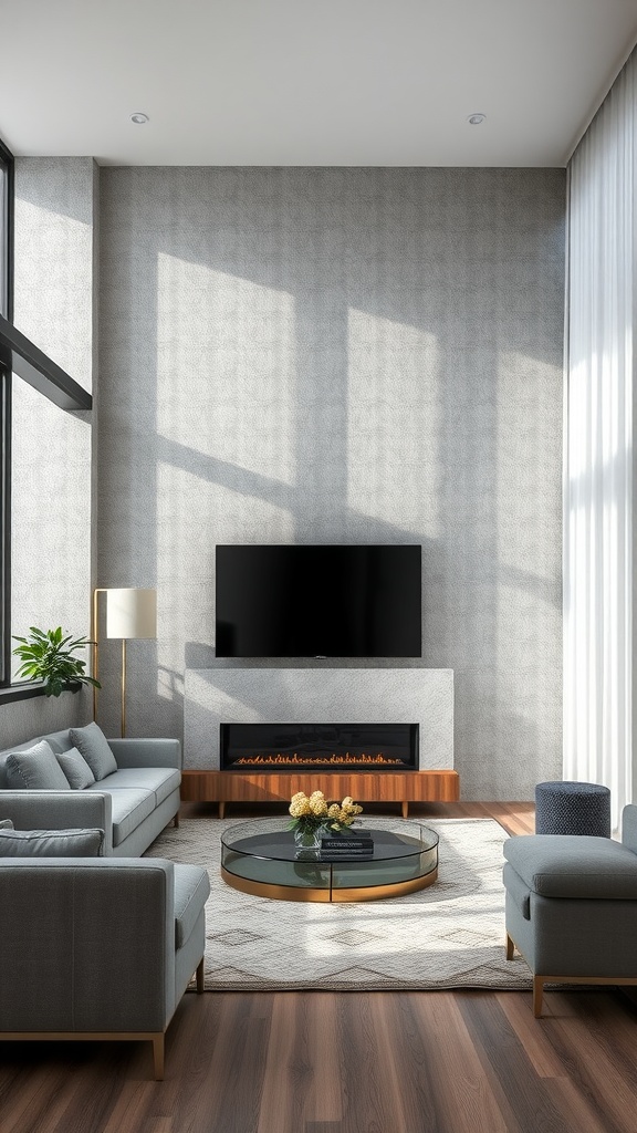 A modern living room featuring textured silver walls, gray sofas, a round coffee table, and a fireplace.