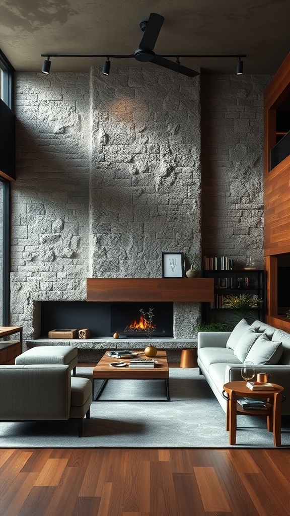 Modern western living room with textured stone wall and wooden accents