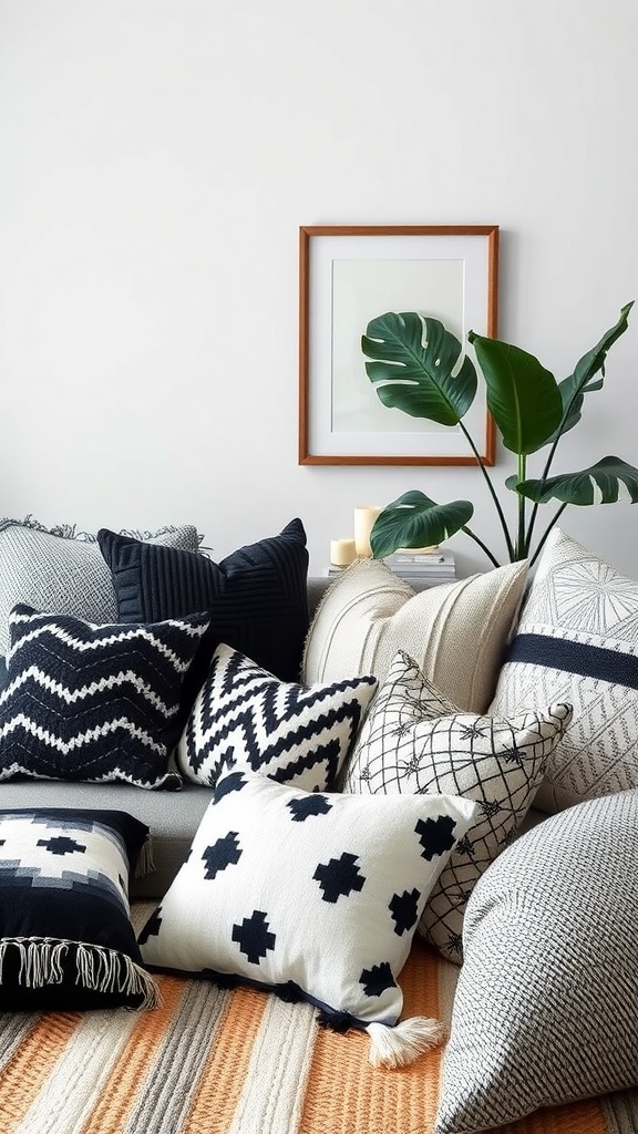 A collection of textured throw pillows in a black and white boho living room setting