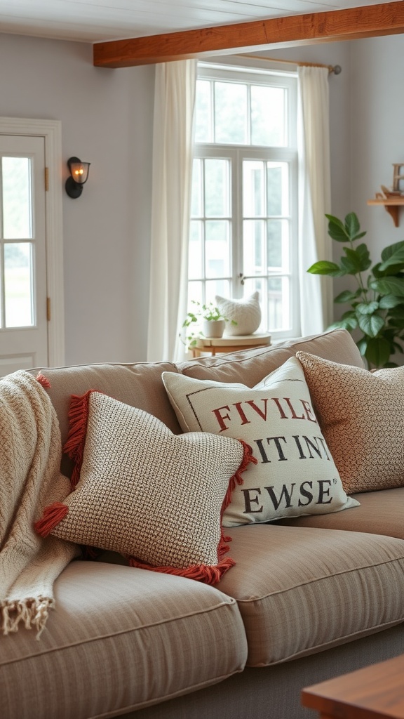 A cozy living room with beige couch adorned with textured throw pillows and a soft throw.