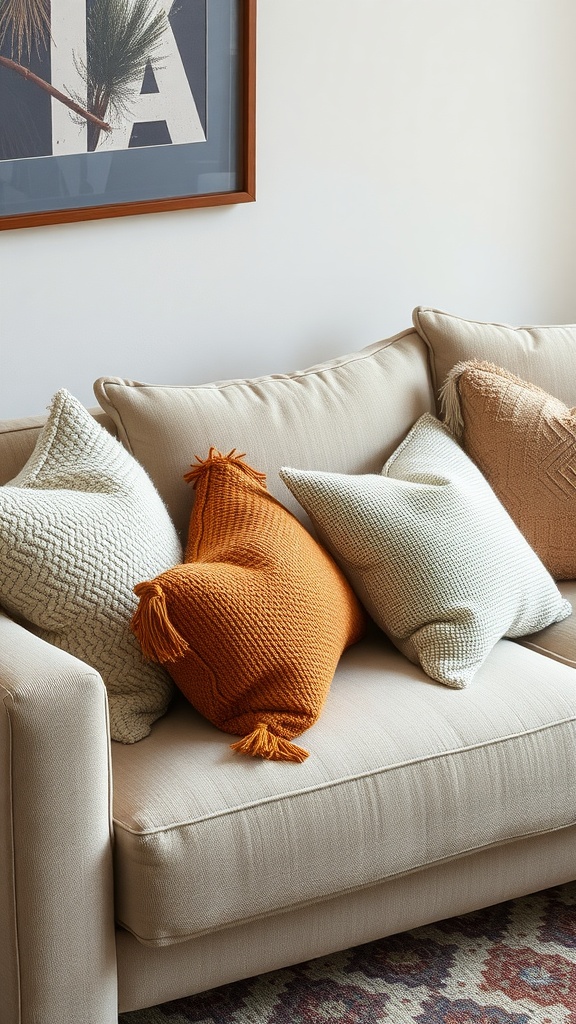 A cozy couch with textured throw pillows in neutral tones and a vibrant orange pillow.