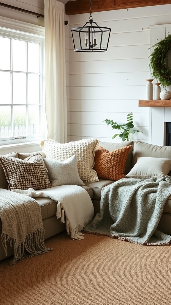 A cozy sectional sofa with an array of textured throw pillows and blankets.