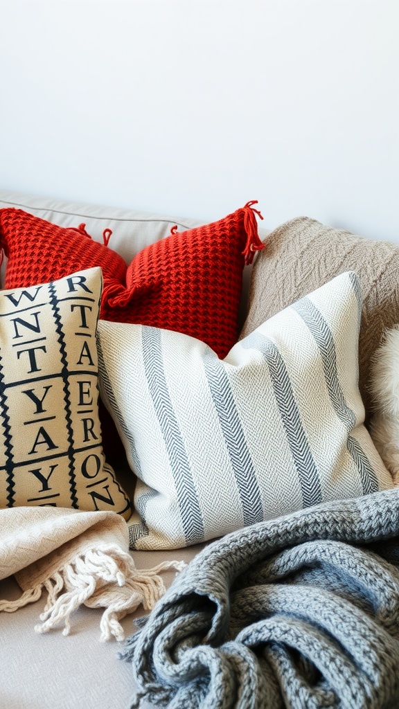 Cozy living room setup with red knitted throw pillows, patterned cushions, and a soft knitted blanket.