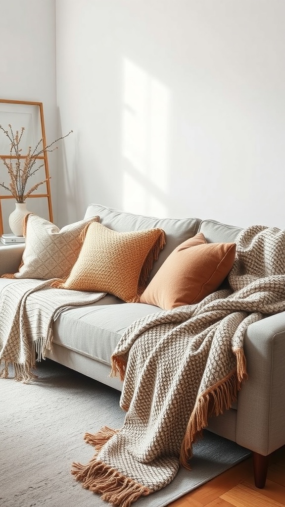 A cozy sofa with textured throws and pillows in a minimalist bohemian living room