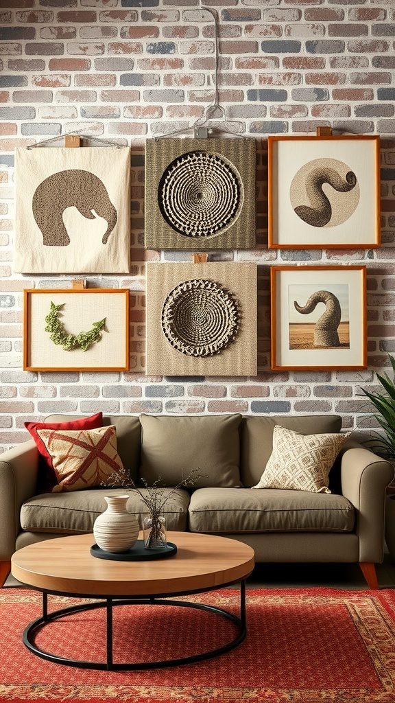 A cozy living room with textured wall art on a brick wall, featuring woven and framed art pieces.