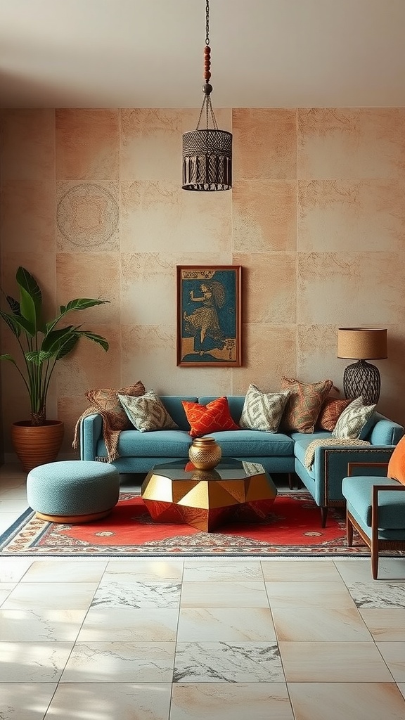 A stylish Moroccan living room featuring textured wall finishes, vibrant furniture, and cozy decor.