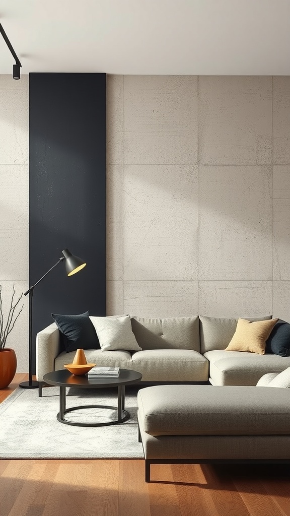 Cozy living room featuring a beige textured wall and a black accent wall with modern furniture.