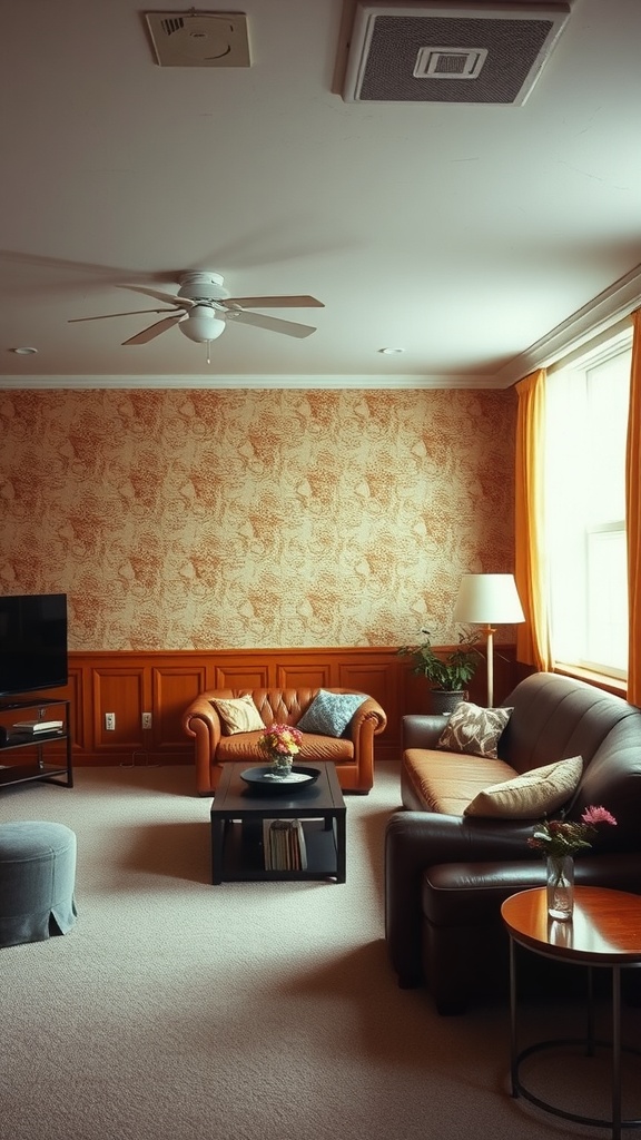 A cozy sunken living room with textured wallpaper and wooden paneling, featuring a comfortable sofa and warm decor.