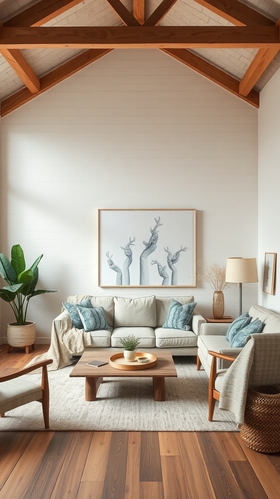 A modern boho living room featuring textured wall treatments, wooden beams, and cozy decor.