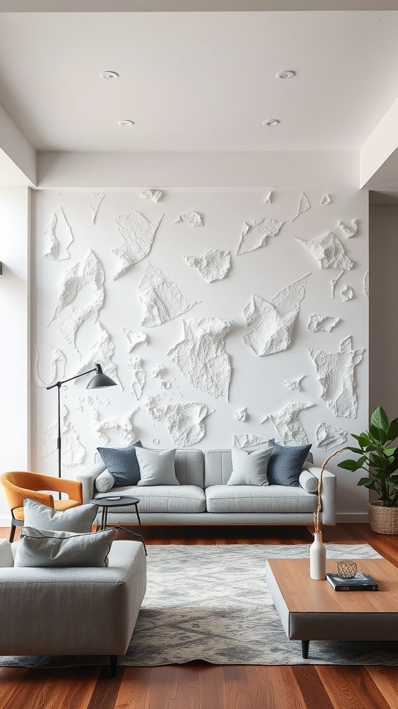 A living room with a textured white accent wall, featuring a grey sofa and wooden furniture.