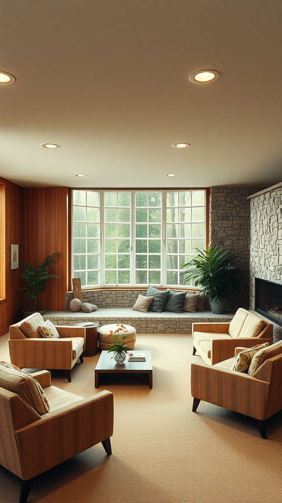 A sunken living room featuring textured wall treatments with wooden panels and a stone wall.