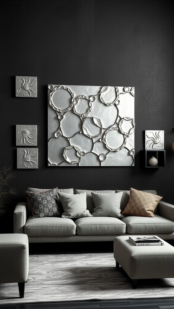 Living room with black textured wall and silver wall art, featuring a neutral sofa and decorative pillows