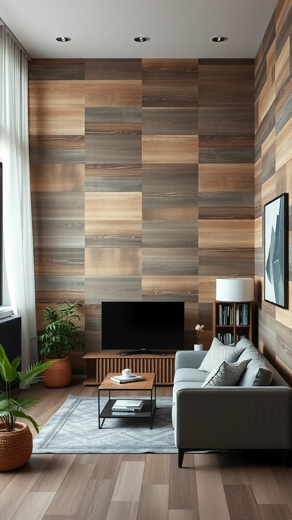 A cozy small living room featuring a textured wooden wall, a light gray sofa, and potted plants.