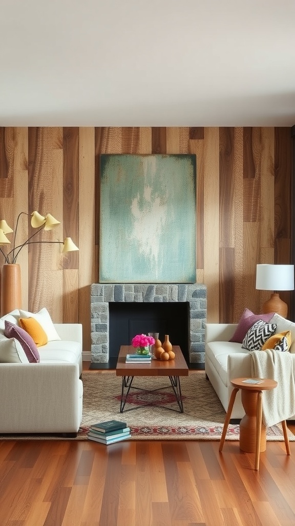 A boho living room featuring textured wood paneling, a stone fireplace, and cozy furniture.