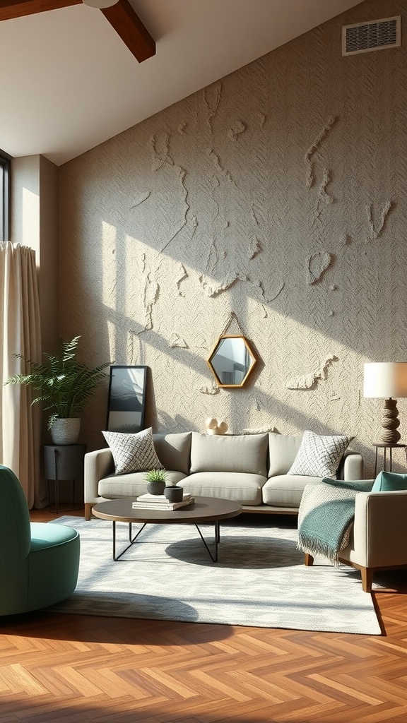 A modern living room with textured wall treatments, featuring a cozy sofa and stylish decor.