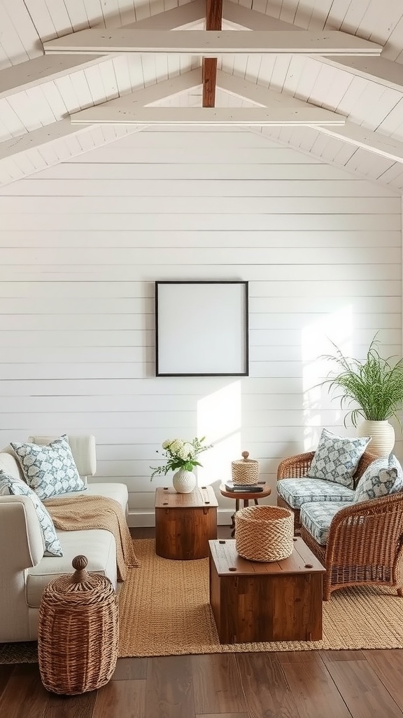 Coastal living room with textured shiplap walls and cozy furniture