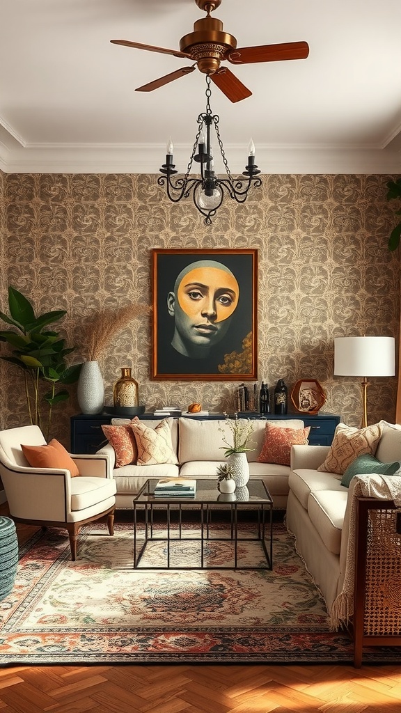 A cozy boho-style living room with textured wallpaper, a sofa, and decorative elements.