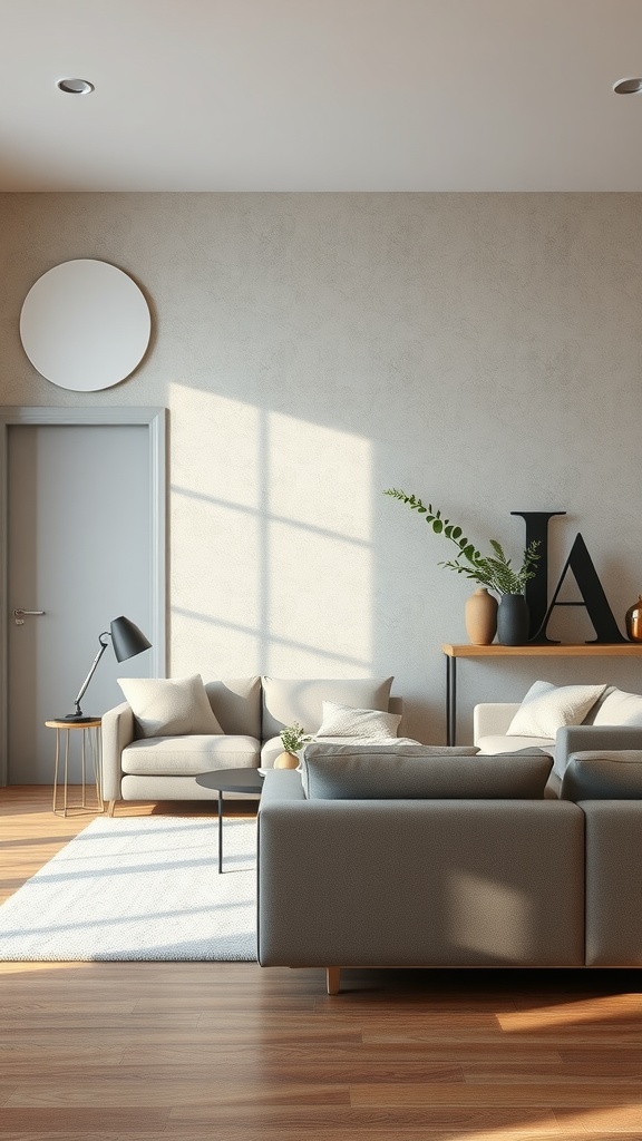 A cozy neutral living room showcasing textured walls with soft furniture and natural light.