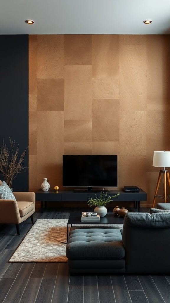 Living room featuring textured tan walls contrasting with a dark wall, stylish furniture, and decorative elements.