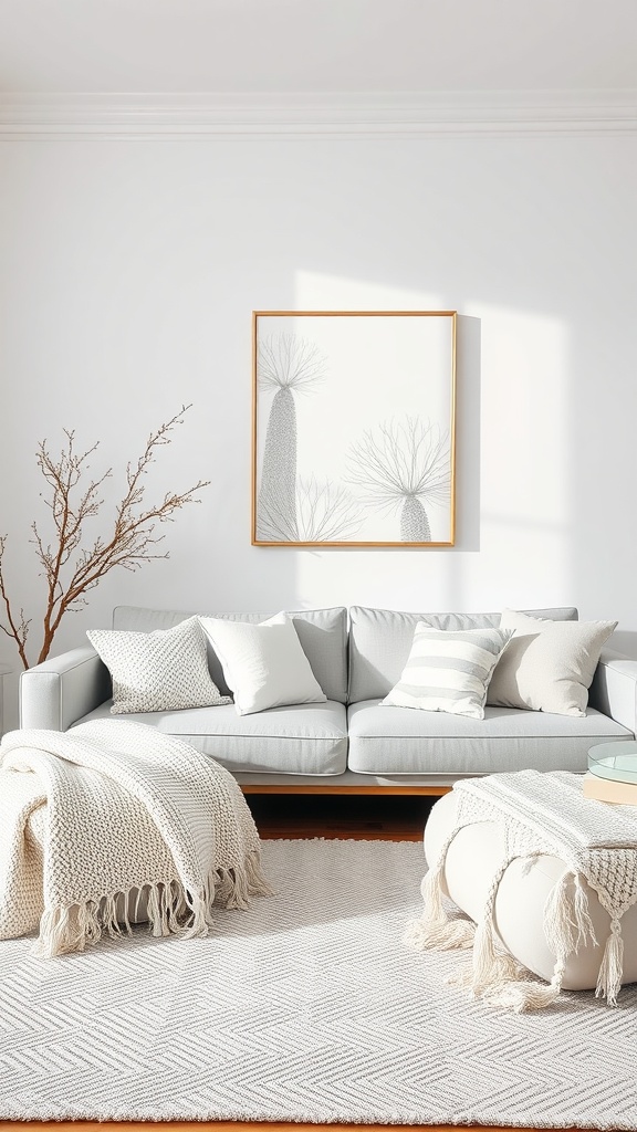 A cozy white living room featuring a light gray sofa with textured pillows, a knitted throw, and a geometric rug.