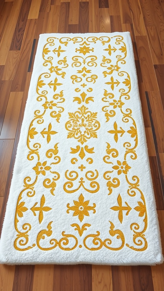 A textured white rug with intricate gold patterns on a wooden floor.