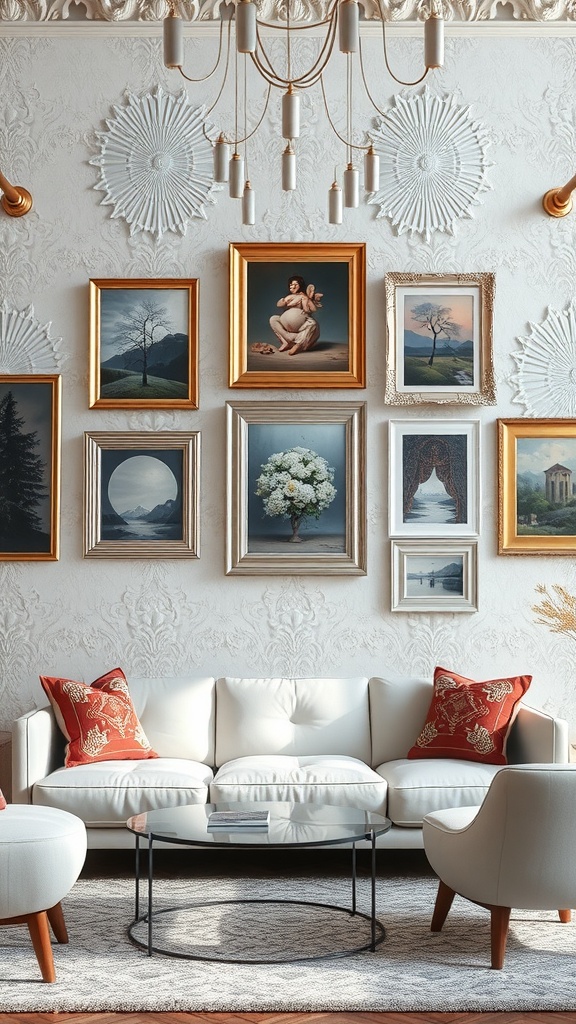 A stylish living room with textured white walls and various silver-framed artworks, featuring a white couch and modern chairs.