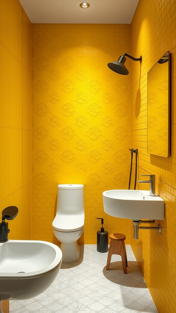 A cozy bathroom featuring a bright yellow textured accent wall with modern fixtures