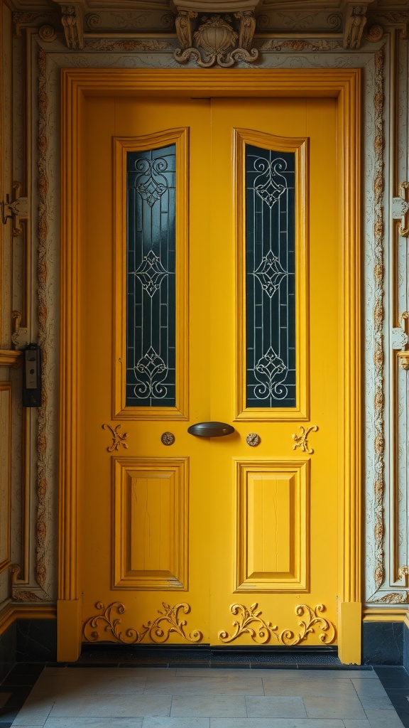 A textured yellow double door with glass panels featuring intricate designs.