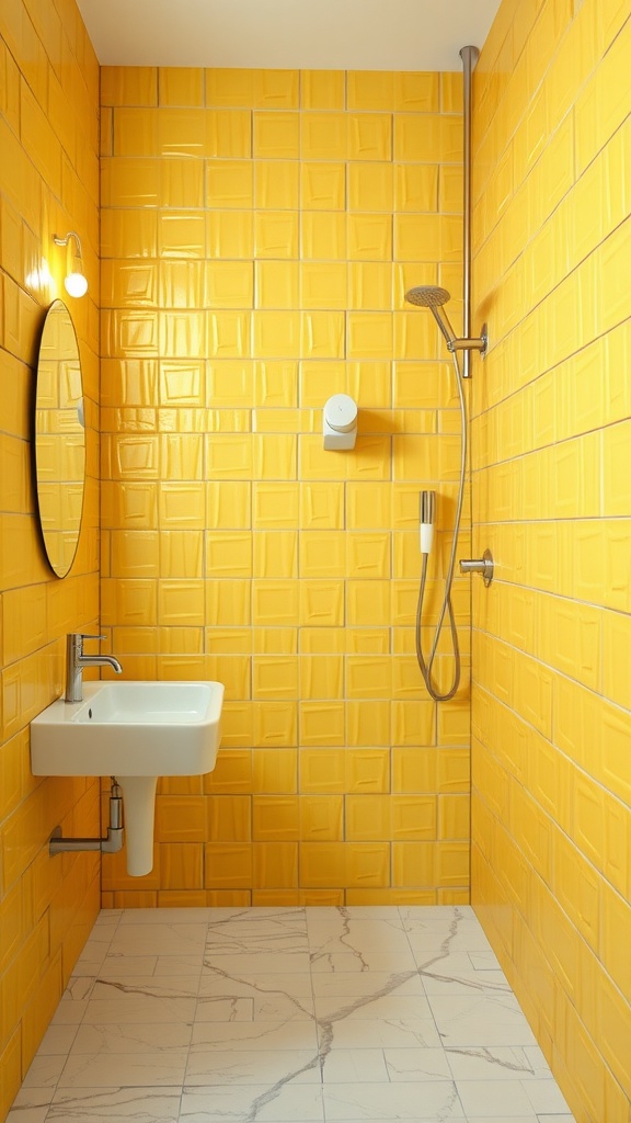 A vibrant bathroom featuring textured yellow wall tiles, a white sink, and a modern shower setup.