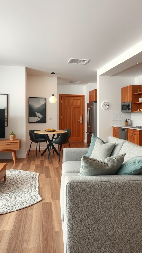 A cozy living room and kitchen layout featuring a soft sofa, wooden dining set, and an intricate area rug.