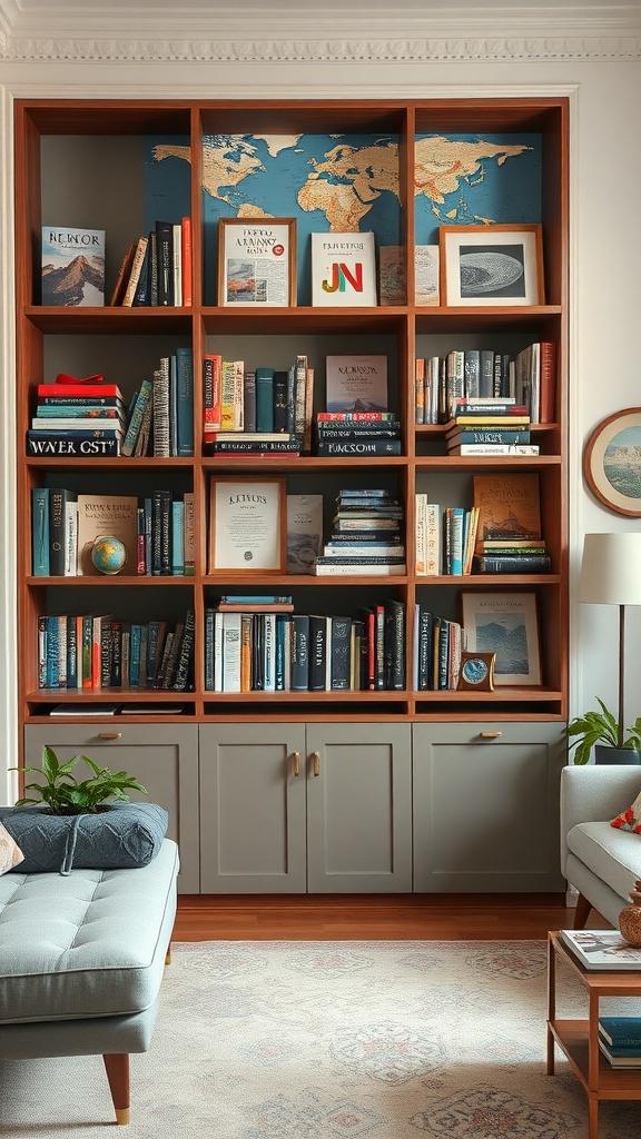 A themed bookshelf with a world map backdrop, showcasing travel-related books and decorative items.