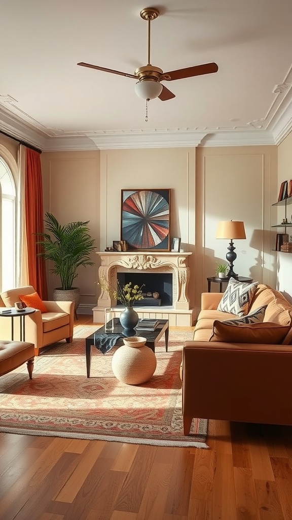 A cozy living room featuring warm colored furniture, a decorative rug, and a stylish ceiling fan.