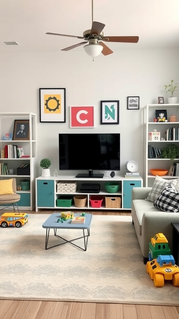 A living room featuring organized toy storage with colorful toys and playful decorations.