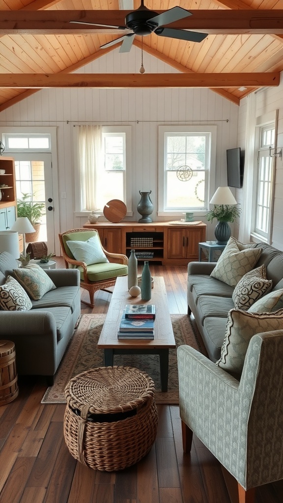 Cozy farmhouse living room with gray sofas, green armchair, wooden coffee table, and natural light from windows