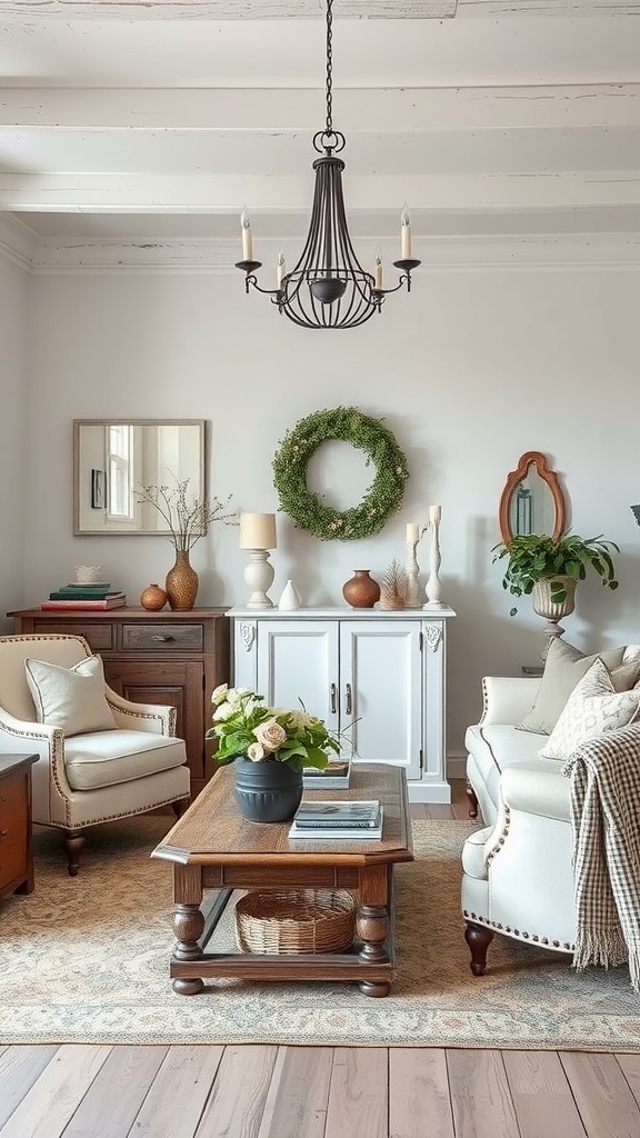 A cozy French country living room featuring neutral colors, wooden furniture, and decorative touches.