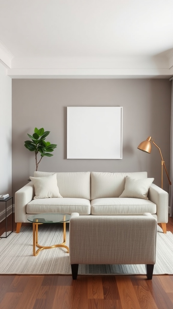 A modern living room featuring a light-colored tight back sofa, a small glass table, a stylish lamp, and a green plant.