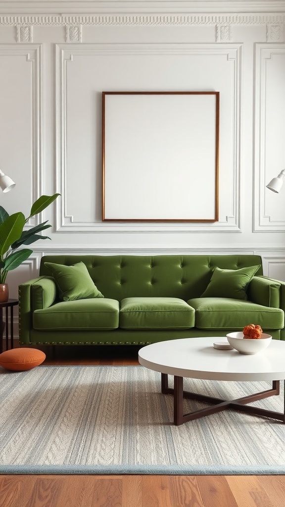 A green sofa in a bright living room with white walls and a round coffee table.