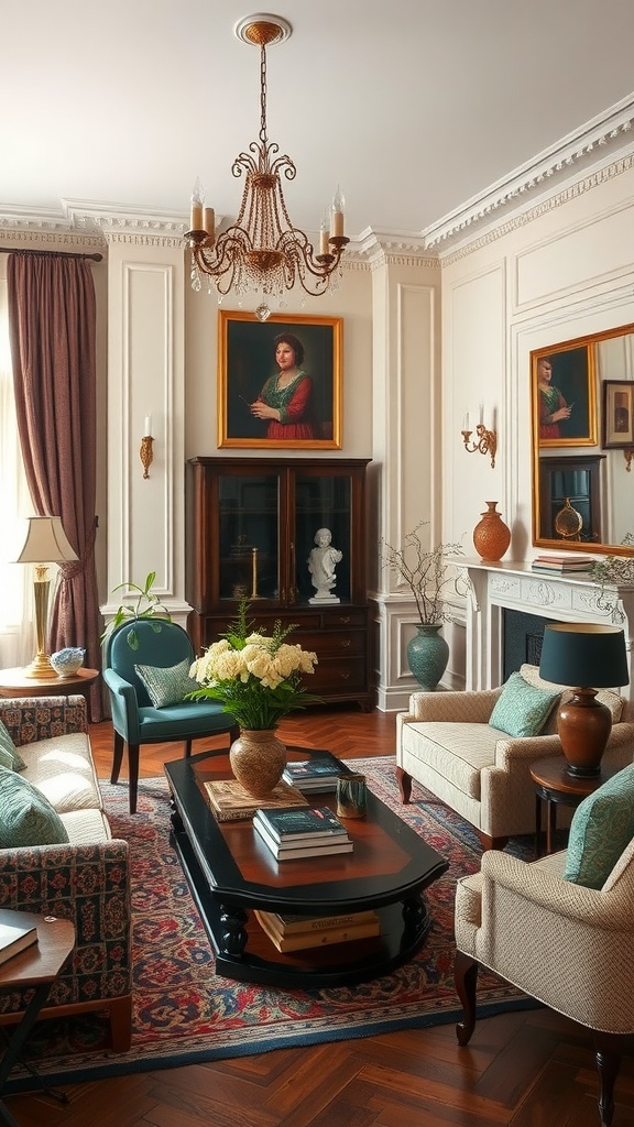 A beautifully decorated living room featuring classic furniture, a chandelier, and elegant artwork.