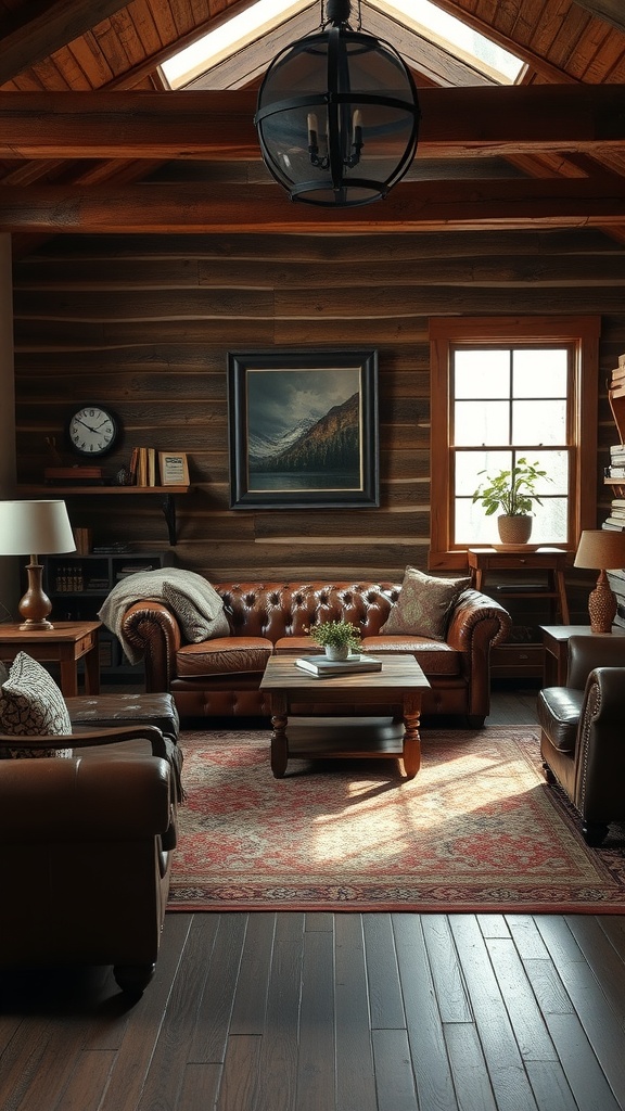 A cozy modern rustic living room featuring leather furniture, wooden walls, a coffee table, and natural light.