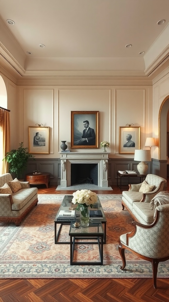 A classic living room featuring elegant furniture, framed portraits, and a glass coffee table.