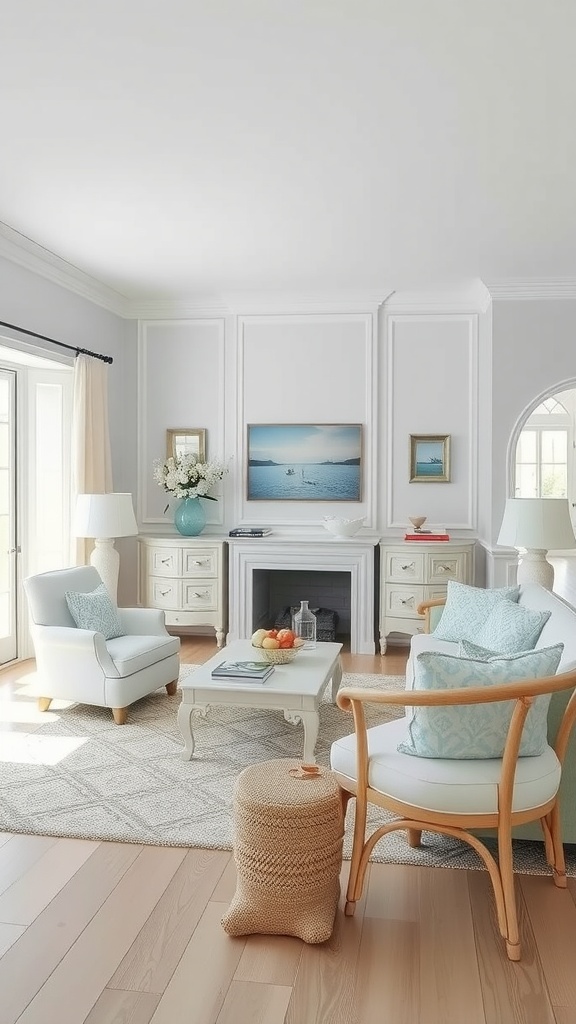 A bright and airy coastal living room with soft blue and white decor, featuring comfortable seating and natural textures.