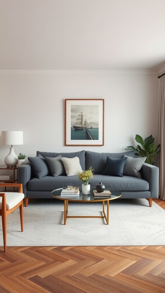 A modern living room featuring a grey couch with decorative pillows, a glass coffee table, and wooden flooring.